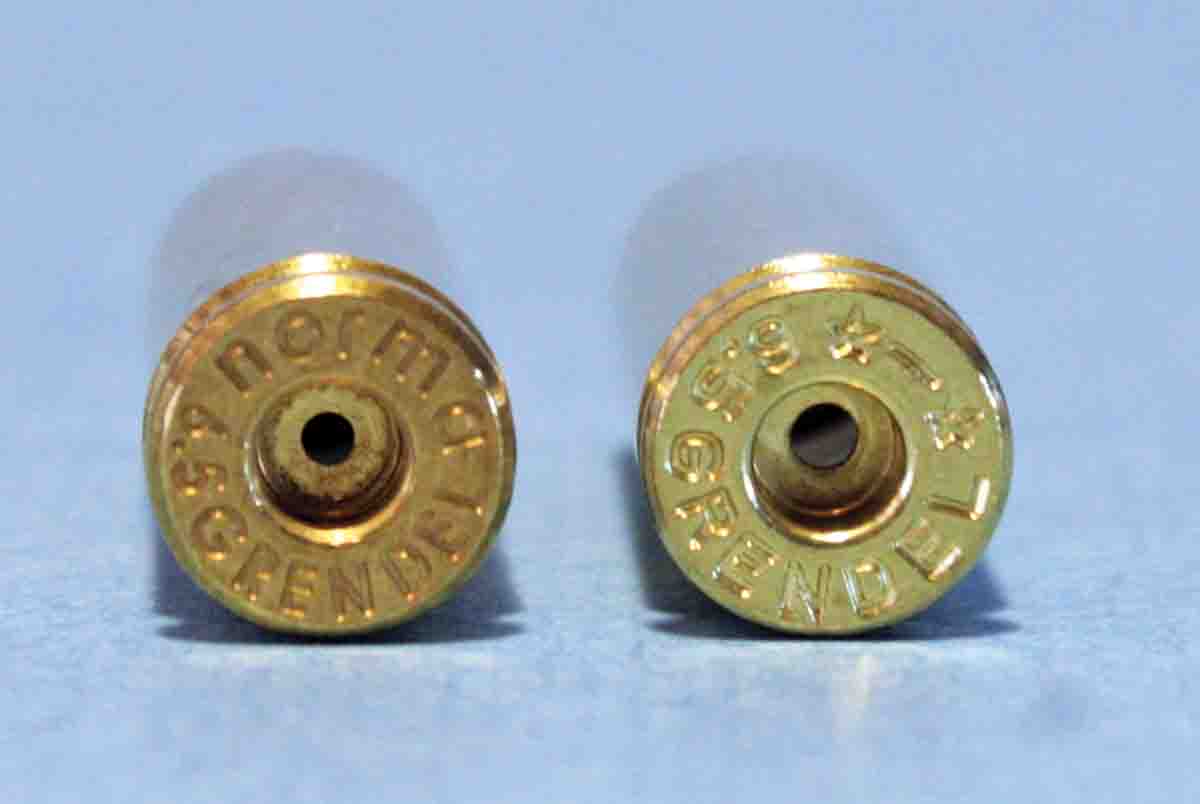 Various brands of 6.5 Grendel cases come with two different diameter flashholes. On left is a Norma case with the smaller flashhole, and on  right, a Starline case with the larger flashhole. The two brands of brass did not result in significant differences when tested with the same loads.